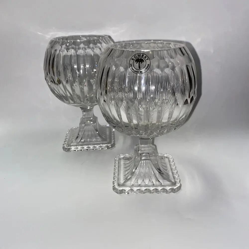 New Bombay 24% Lead Crystal Poland 2 Ribbed Glass Pedestal Centerpiece Candle